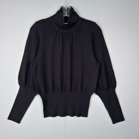 EXPRESS High Ribbed Blouson Sleeve Turtleneck Sweater Black S Party Office NWT - Picture 1 of 12